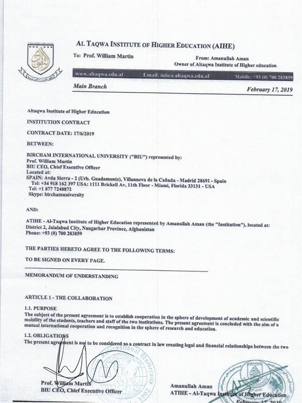 Bircham University ATIHE - Al-Taqwa Institute of Higher Education (Afghanistan) Bircham University ATIHE - Al-Taqwa Institute of Higher Education (Afghanistan)