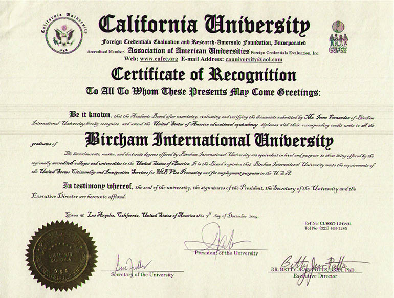 Bircham University CUFCE - California University Foreign Credentials Evaluation (USA) Bircham University CUFCE - California University Foreign Credentials Evaluation (USA)