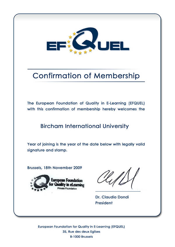 Bircham University EFQUEL - European Foundation for Quality in eLearning Bircham University EFQUEL - European Foundation for Quality in eLearning