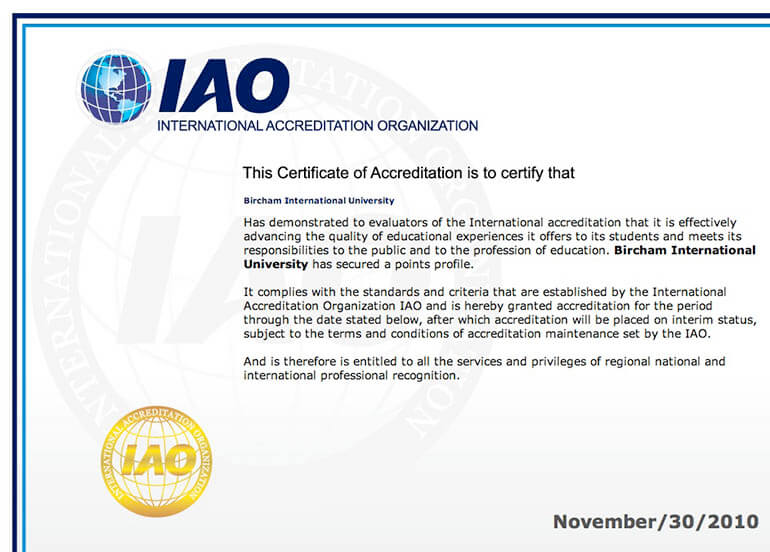 Bircham University IAO - International Accreditation Organization Bircham University IAO - International Accreditation Organization