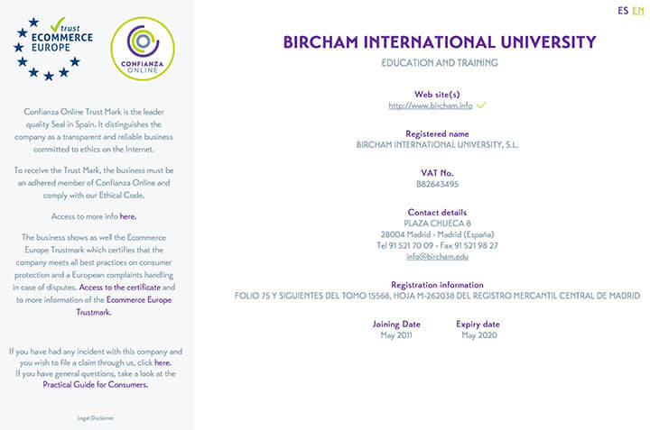 Bircham University Online Trust Seal - Sello de Confianza Online Bircham University Online Trust Seal - Sello de Confianza Online