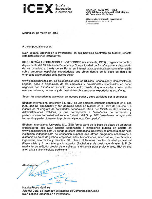 Bircham University Spain ICEX - Instituto Español de Comercio Exterior Bircham University Spain ICEX - Instituto Español de Comercio Exterior